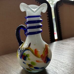 Murano Glass Art Vase with Blue and Multicolor Swirls